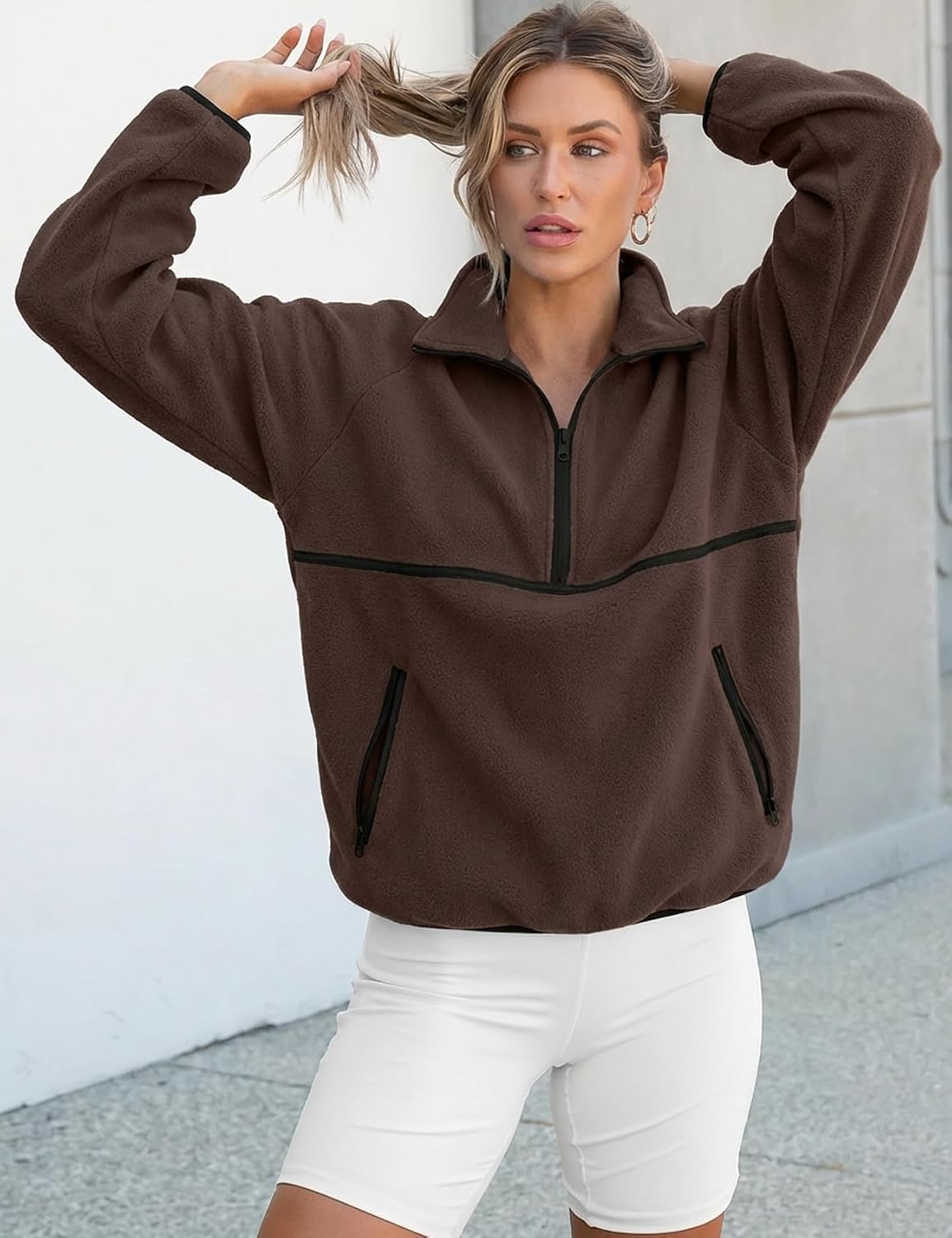 Wyeysyt Women's Fleece Quarter Zip Pullover Oversized Half Zip Sweatshirt with Pockets