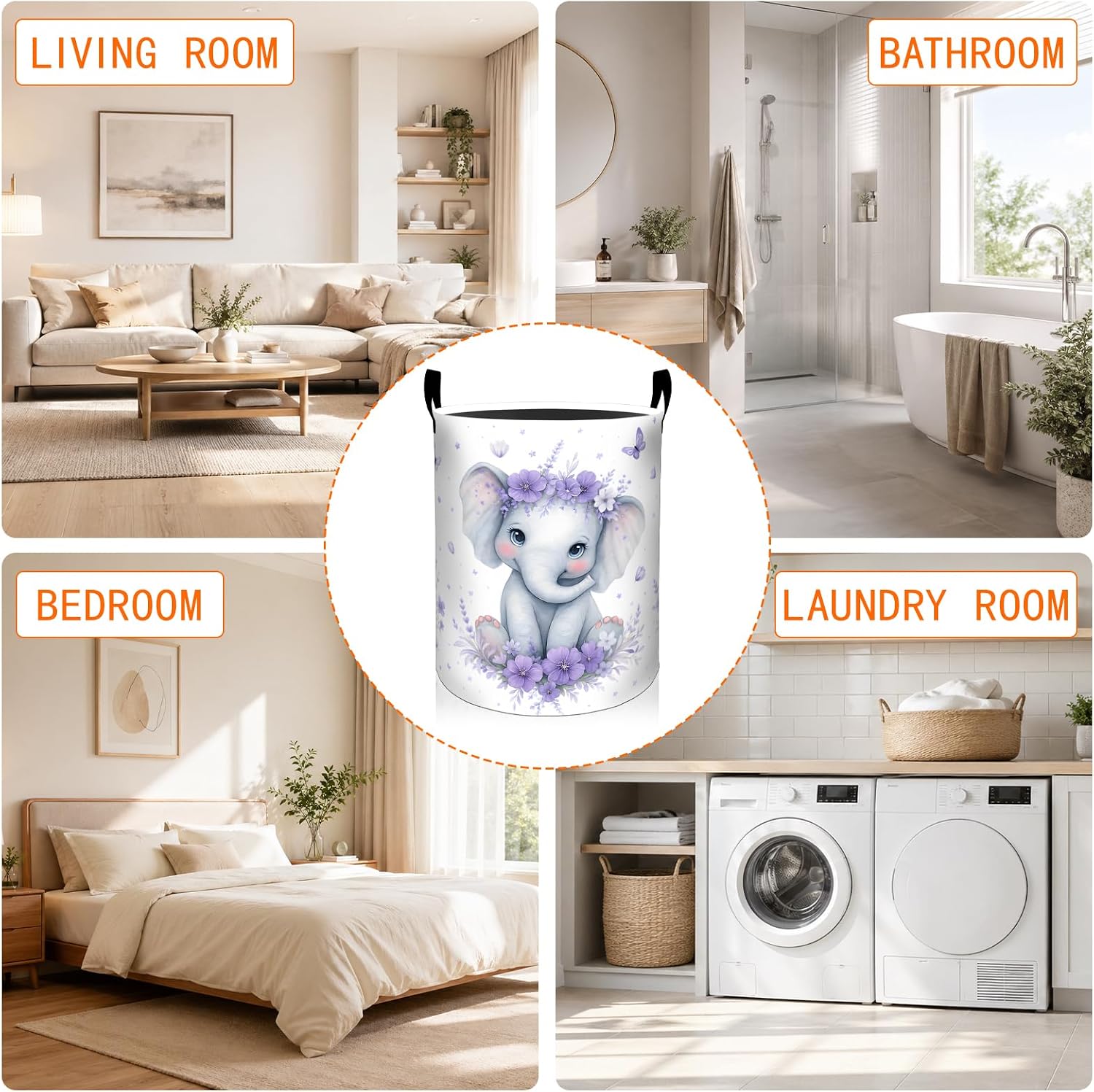Elephant Laundry Basket, Purple Floral and Butterfly Oxford Cloth Dirty Clothes Collapsible Hamper for Room Decor, Cute Animal Gifts, Toy Organizer 19.7 x 15.7 Inches for Bedroom Bathroom Dorm image 5