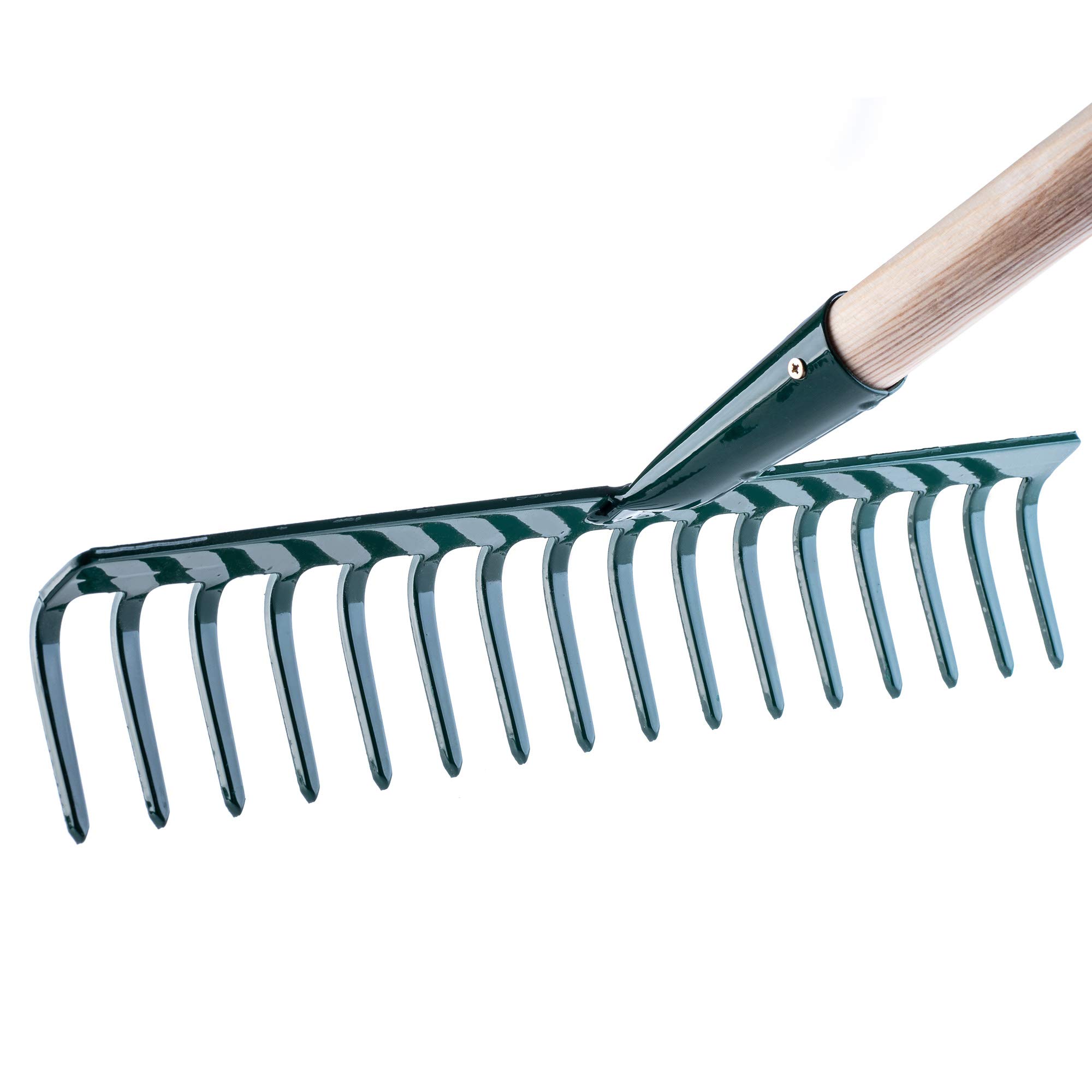 Rechen realizzato in metallo,rastrello piatto con gambo in legno, scope a foglia per giardino, letto, ginocchia, rastrello da prato, verde, unità da giardino, eurechen, utensile da giardino (16 denti)