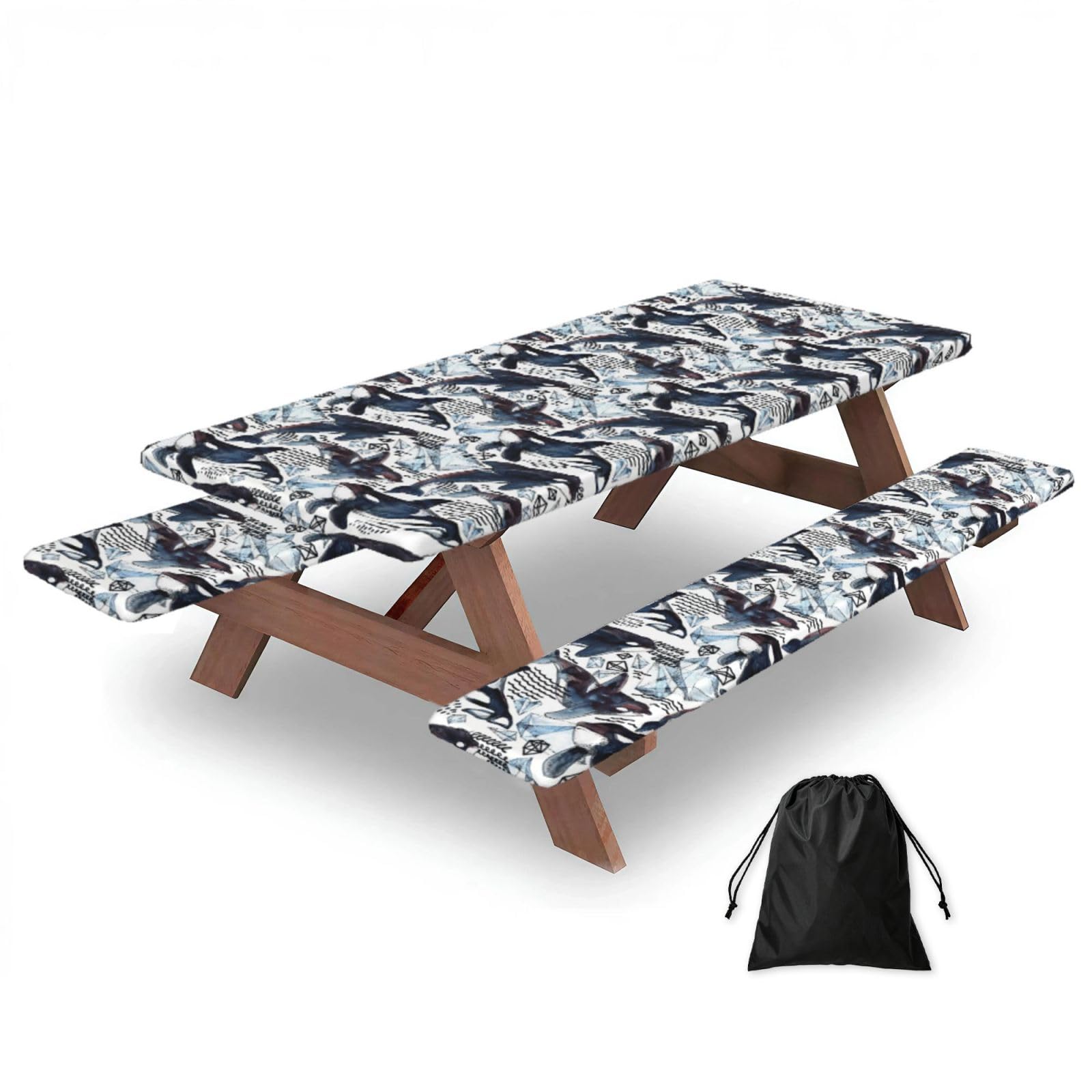 Yqxwjl Black Killer Whale Print Camping Essentials Waterproof Camping Table And Bench Cover With Drawstring Bag 183 Cm