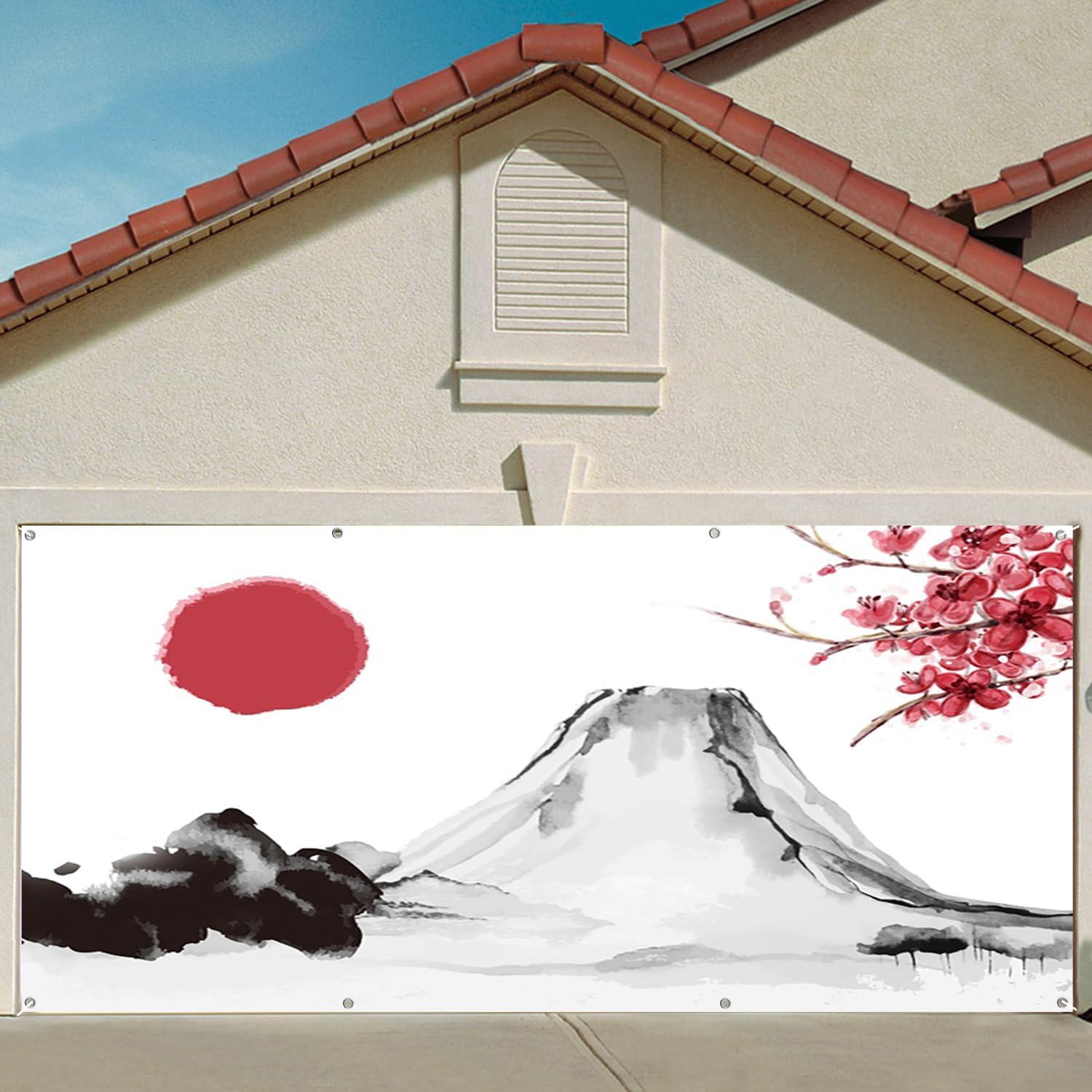 7x8ft Japanese Inspired Garage Door Decor Mount Fuji Cherry Blossom Branch Red Sun Ink Wash Painting Style Garage Door Cover for Asian Event Party Decoration Props