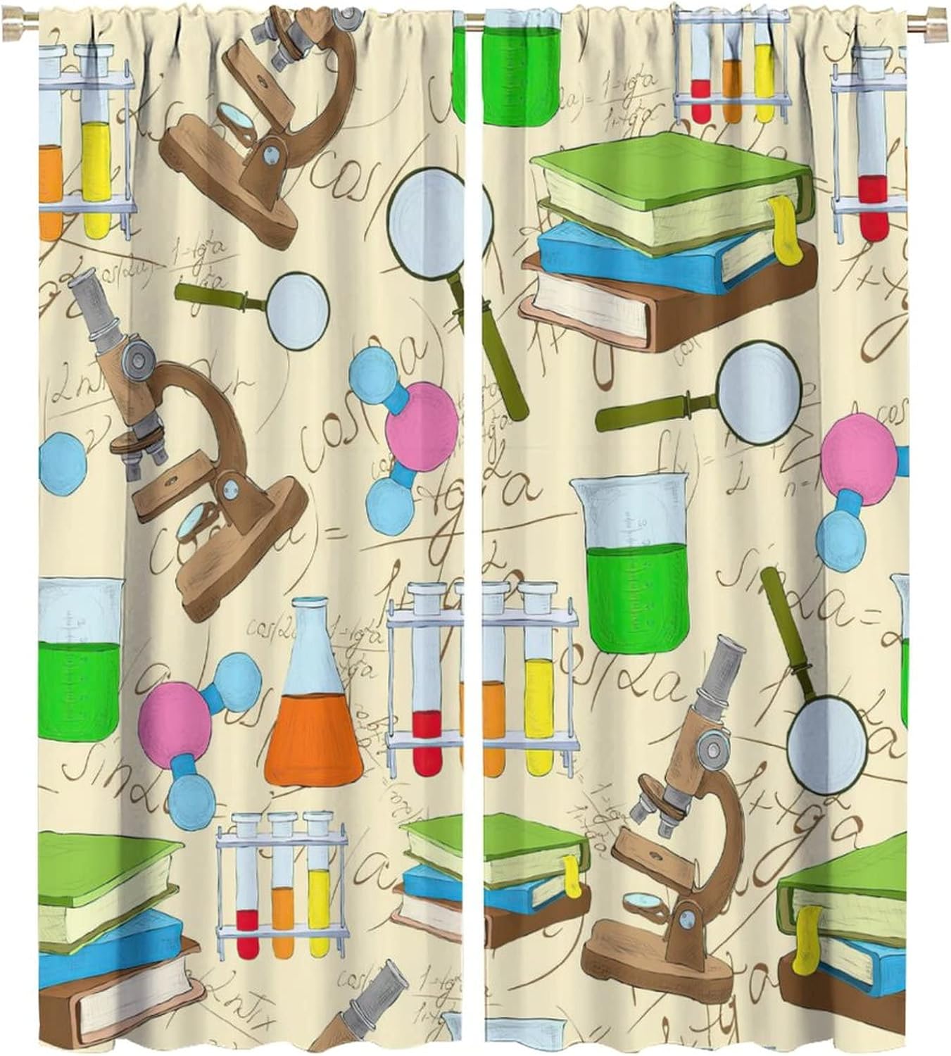 Science Kid Blackout Windows Curtains, Science Books Equations Magnifying Glasses Molecular Bottle Rod Pocket Insulation Darkening Curtains, For Girls Boys Bedroom Living Room 42x54in 2 Panels