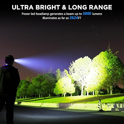 Miniatura 2 de Linterna frontal recargable, 3000 lúmenes, lámpara LED súper brillante con 5 modos de iluminación, recargable por USB, ajustable a 90, impermeable,