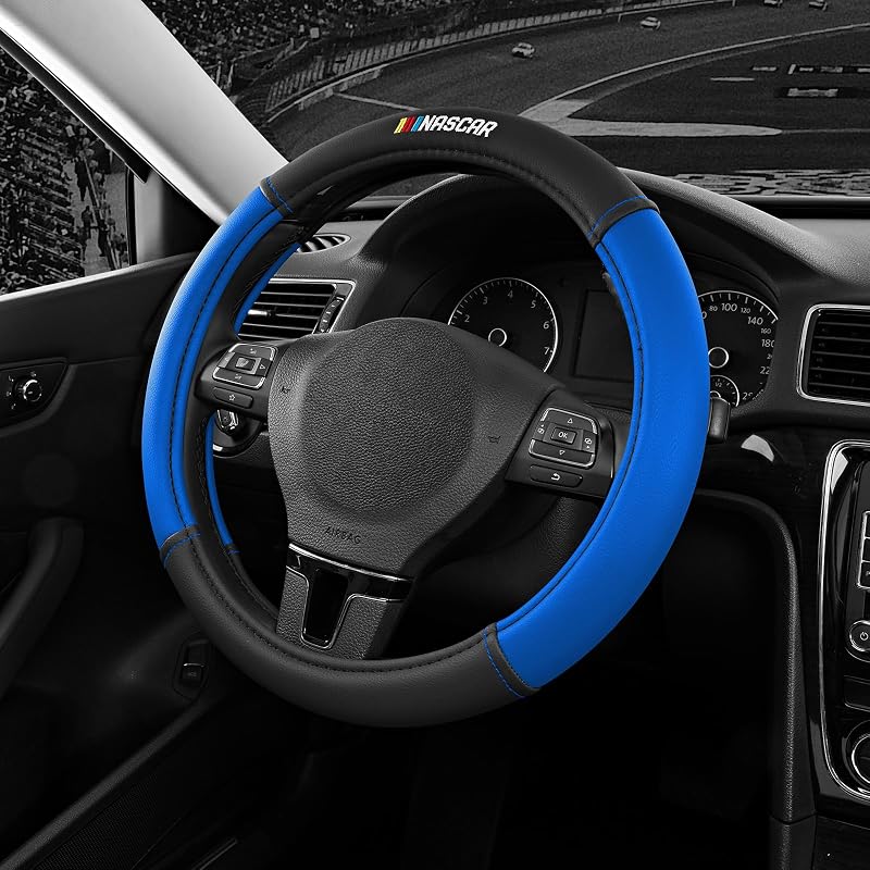 Capa para Volante NASCAR em Couro Bicolor Azul, para Volantes de 36,8 a 39,4 cm, Estilo Esportivo