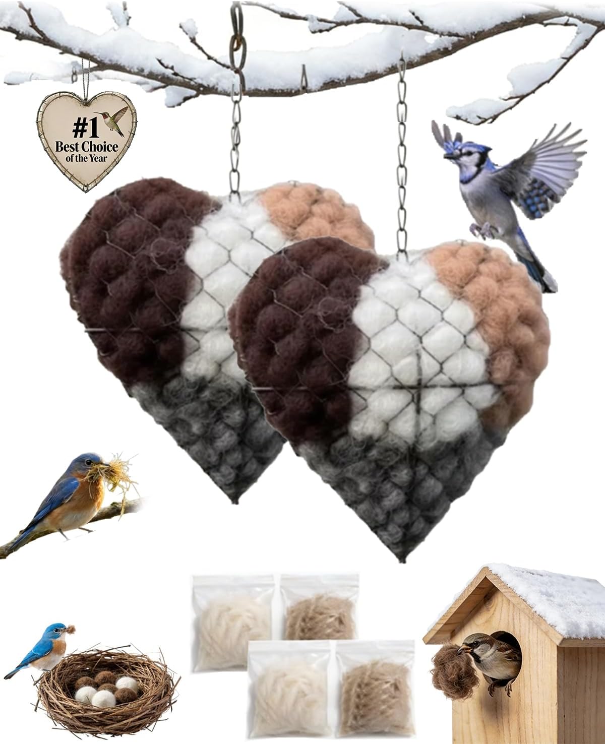 Handmade Alpaca Fiber Bird Nesting Heart, Outside Winter Tree Shelter for Wild Bird, Birds Nests Material Holder for Garden Art Birdhouse, Hummingbird Houses Nest Boxes for Birds Lovers (2PCS)