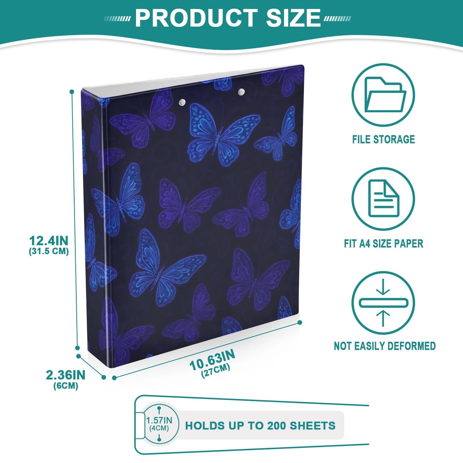 Carpeta de 3 anillas, mariposas azules y moradas brillantes, carpeta de anillos en D oscuro, paquete de 2 | Con portapapeles y bolsillos, para escuela, universidad, oficina
