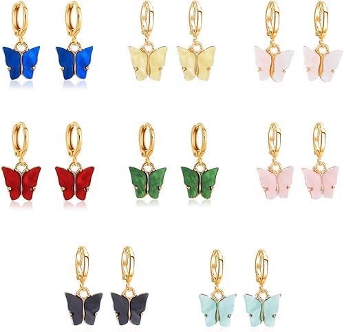 Just Follow Pendientes de mariposa, diseño de mariposa, con forma de mariposa, color acrílico, 8 pares