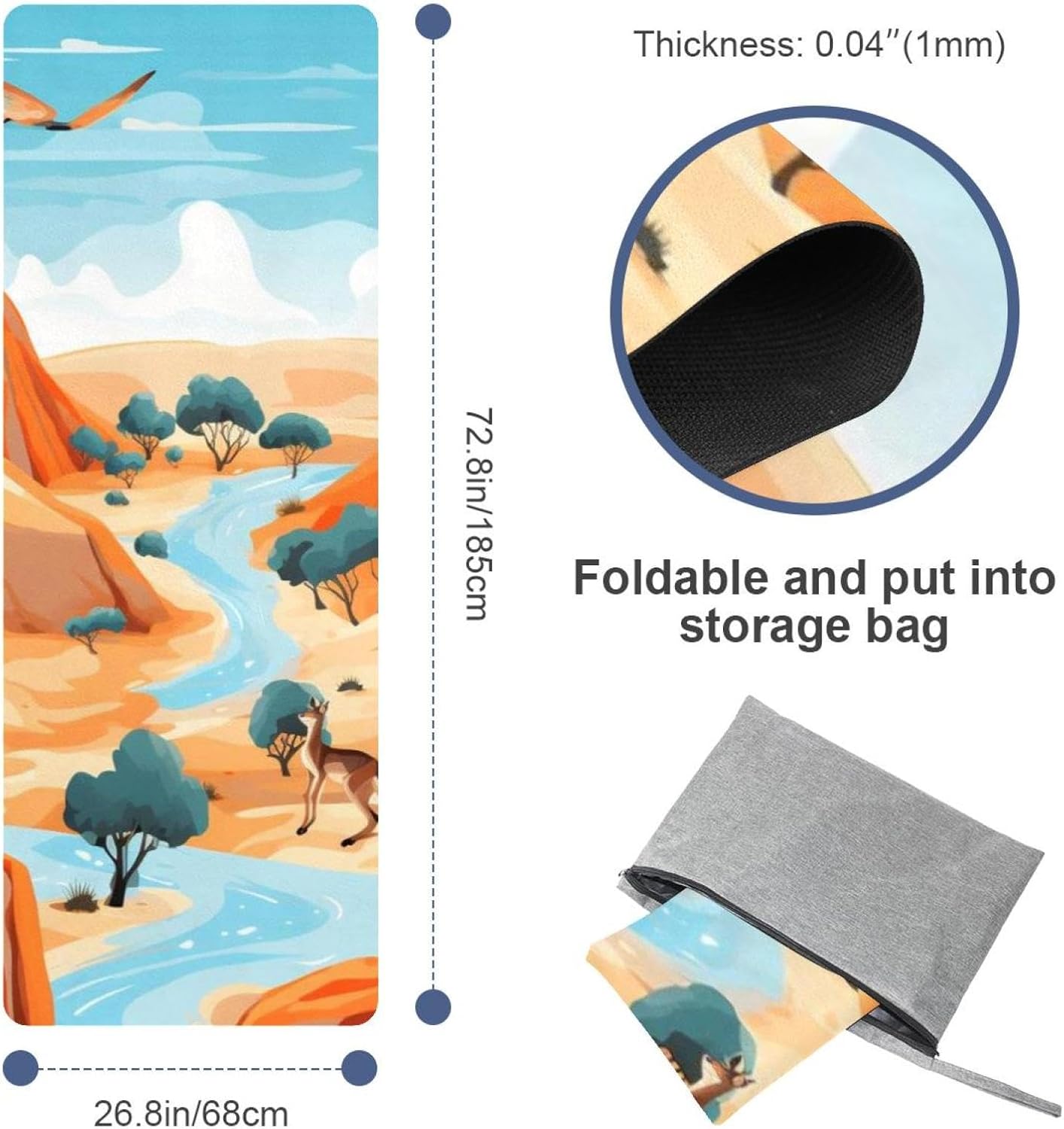 Yoga Towel, Kangaroo Pattern Non Slip Sweat Absorbent Hot Yoga Mat Towel for Hot Yoga, Pilates and Fitness - 72.8" x 26.8"