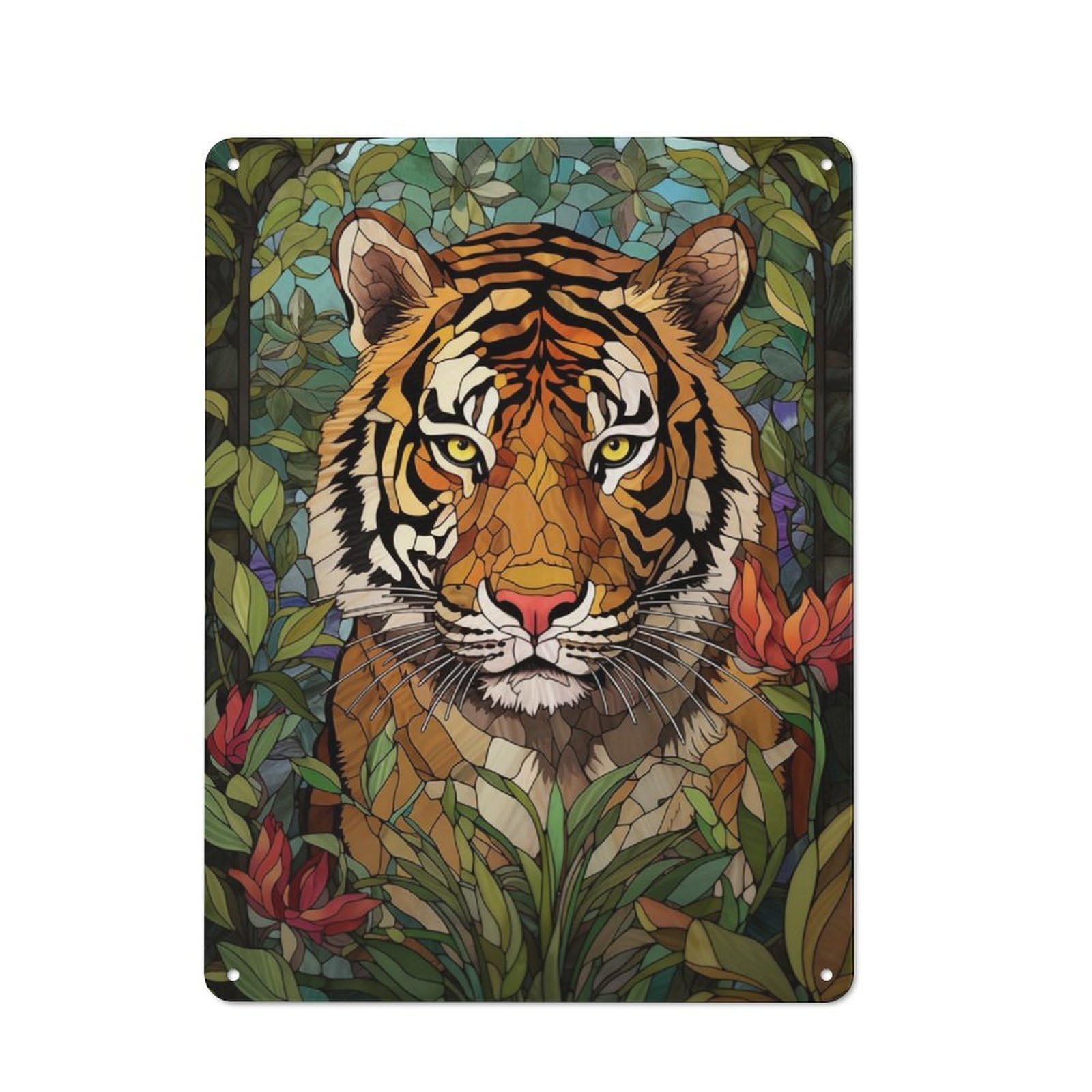 Junmoney Tiger Stained Glass Rustic Metal Wall Sign 40X30cm For Home Office Or Studio, For Garage, Workshop And Man Cave Decoration