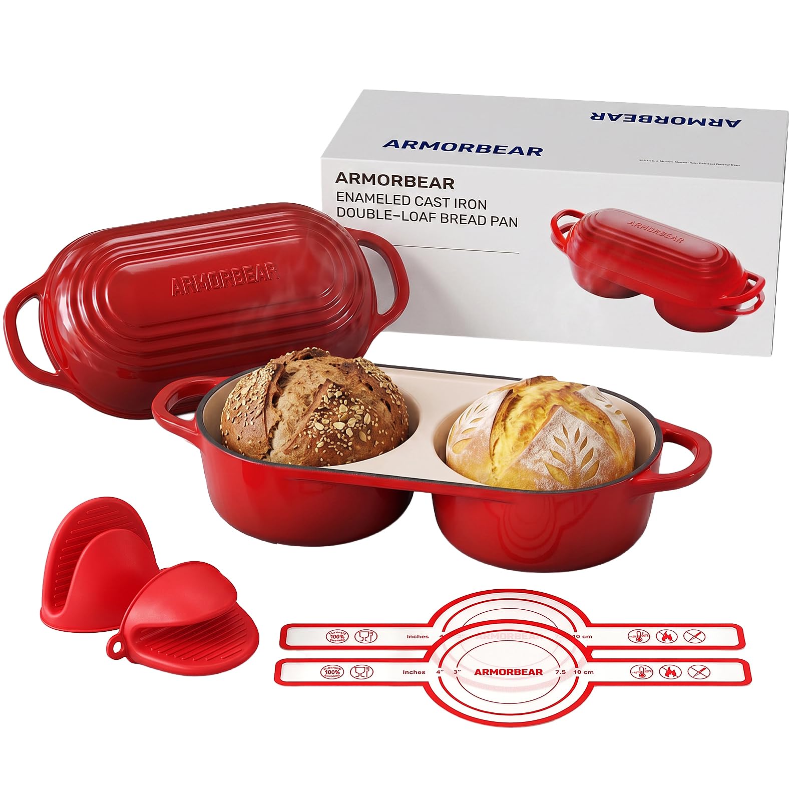 Armorbear Gusseisen-Brotbacktopf für Sauerteig, Double Dutch Oven, Rot | Für 2 Brote gleichzeitig, Gusseisen Topf zum Brotbacken mit Deckel, emaillierte Doppel-Brotbackform für Sauerteig