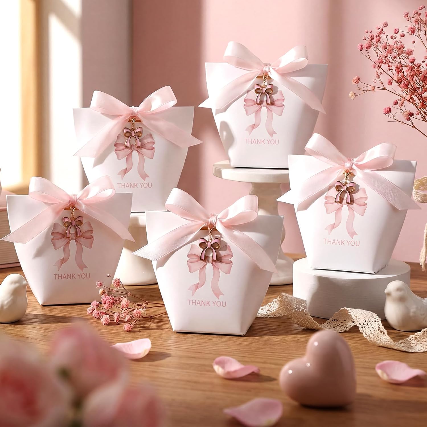 30 Sets Pink Bow Favor Set Pink Bow Thank You Gift Bags with Ribbon and Bows Keychain Cute Coquette Candy Treat Bag Keychain Set for Wedding Birthday Baby Shower Valentines Day Party Supplies - Image 3