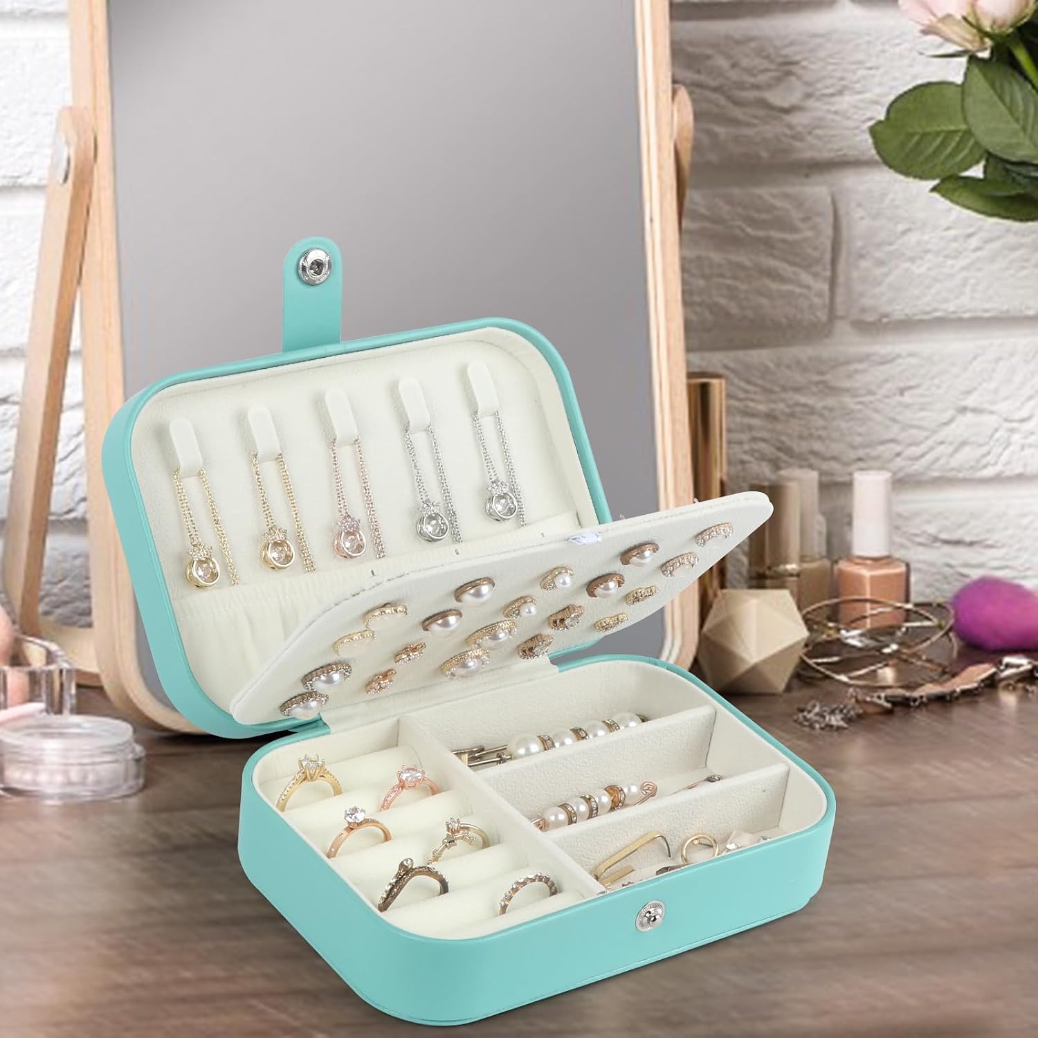 Hatori Travel Jewelry Box, PU Leather Small Jewelry Organizer for Women Girls, Double Layer Portable Mini Travel Case Display Storage Holder Boxes for Stud Earrings, Rings (Turquoise) image 2