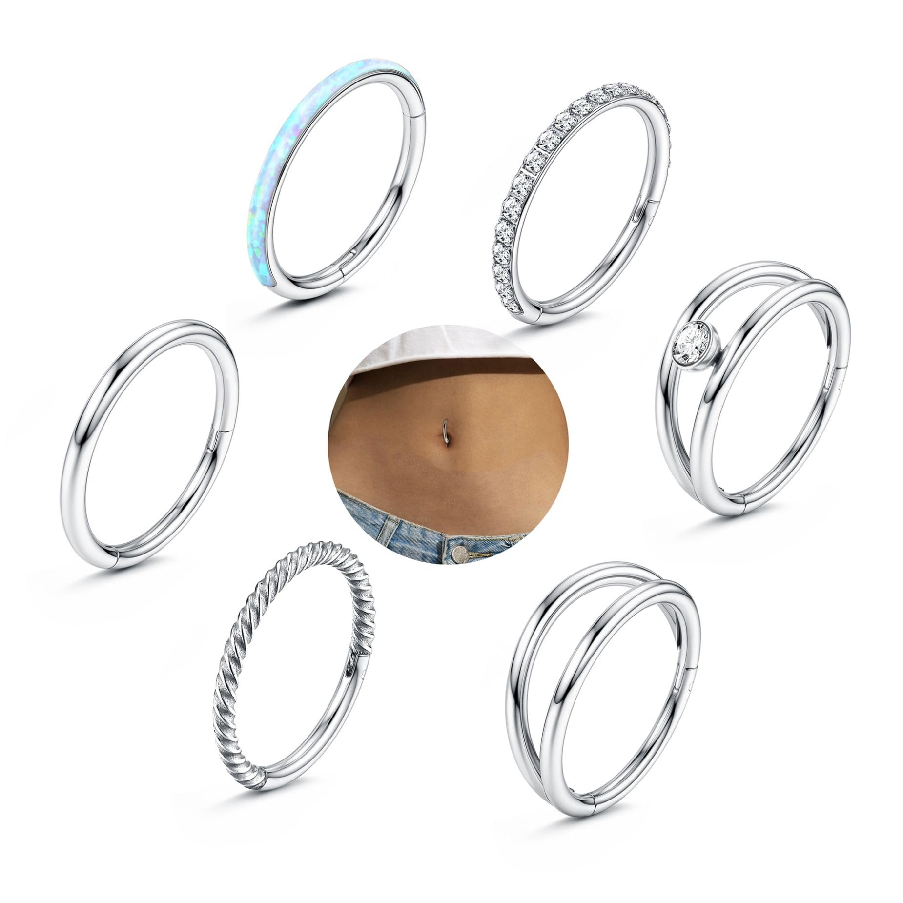 JeweBella 6 Piezas 14G Clicker Piercing Ombligo Aro Acero Quirurgico para Mujer Piercing Ombligo Opal CZ Plata Piercing Ombligo Anillos 8/10/12MM