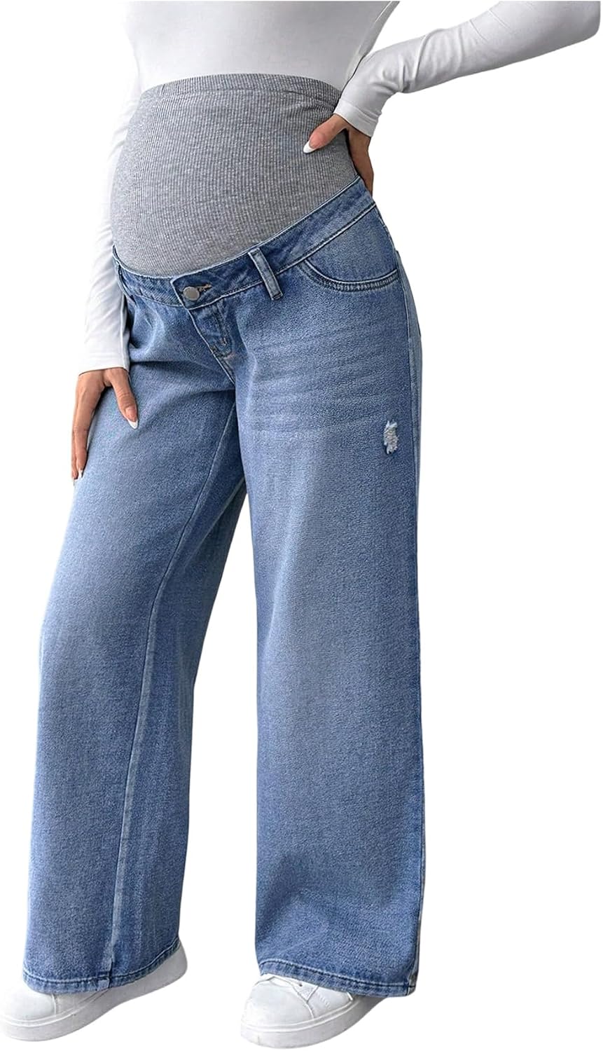 MakeMeChic Women's Maternity Jeans Rib Knitted Straight Leg Pregnancy Denim Pants