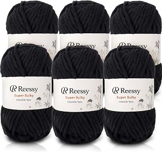 Super Bulky Chenille Yarn – 6 Pack of 100g (Total 600g) - CYC #6 Super Bulky 5mm Thick – Extra Soft Plush Chunky Yarn for Crocheting – Matte Chenille for Baby Blankets, Toys & Hats(Black)