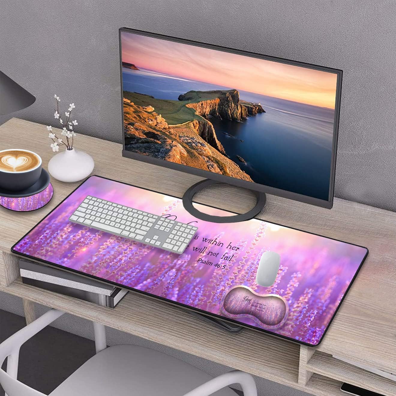 Desk Pad Gaming Mouse Pad + Wrist Rest Support Pad + Coaster, 31.5'' × 11.8'' Durable Non-Slip Extended Computer Mouse Pad, Suitable for Office and Home, Quote Bible Verse Psalm 46:5