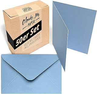 Japun - Juego de 50 tarjetas plegables et sobres, cartas plegables para diseñar, etiquetar o imprimir - DIN A6 / C6 - azul
