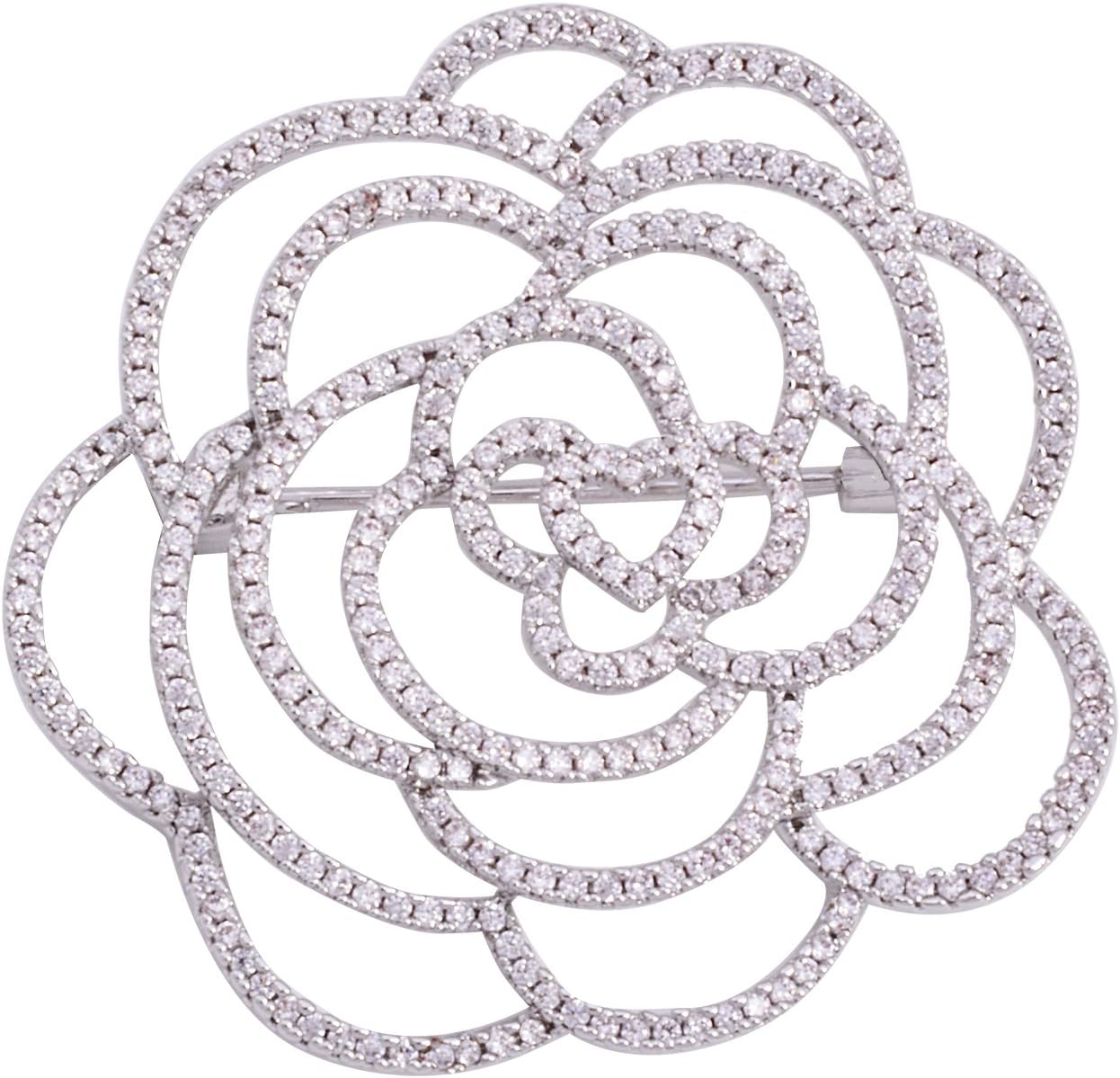 YYBONNIECubic Zirconia Love Heart Rose Camellia Flower Brooch Pin Wedding Party Brooch Jewelry For Women