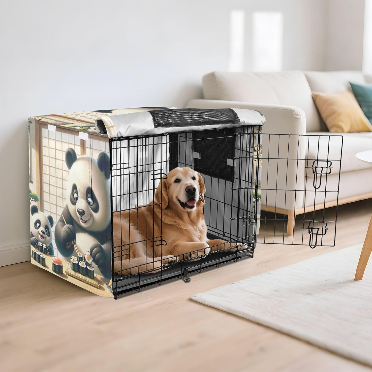 Sushi Pandas Dog Crate Cover Fixed Buckle at Bottom, Pet Cage Cover with Mesh Windows, Large