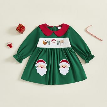 Cute Baby Girls Santa Christmas Dress Long Sleeve A Line Ruffles Embroidery Toddler Girl Xmas Outfit