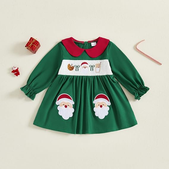 Cute Baby Girls Santa Christmas Dress Long Sleeve A Line Ruffles Embroidery Toddler Girl Xmas Outfit