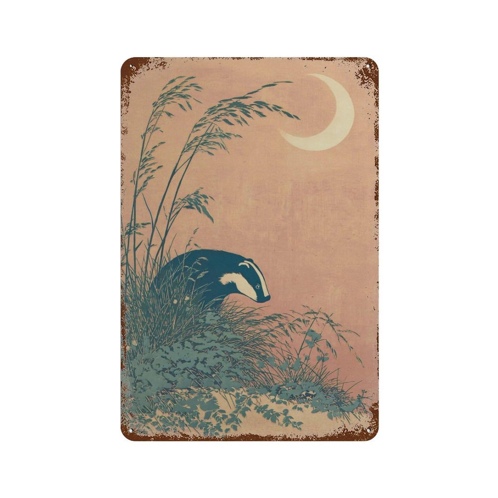 xiaoxiaoshen Badger Moon Japanese Wildlife Beige Blue Nature Calm Woodland Wall Decor Art Metal Tin Poster Modern Home Decor Art Home Bar Shop Decorations Vintage Sign 30x20cm