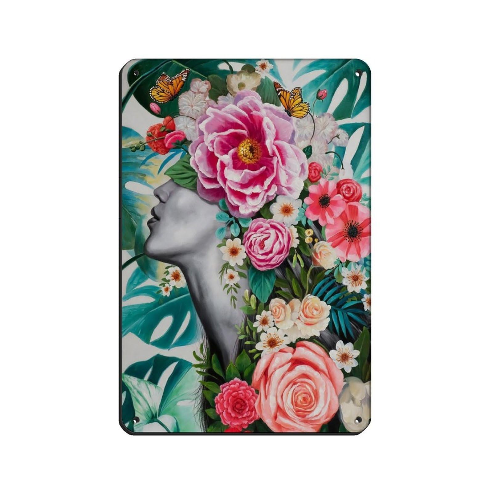 Beauty with Flowers Woman Poster Retro Poster Metal Tin Sign Chic Art Retro Iron Painting Bar People Cave Cafe Family Garage Poster Wall Decoration 8x12inch(20x30cm)