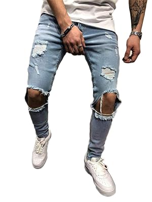 Andongnywell Mens Ripped Stretchy Knee Destroyed Slim Jeans Tapered Leg Denim Pants Zipper Pencil Pant