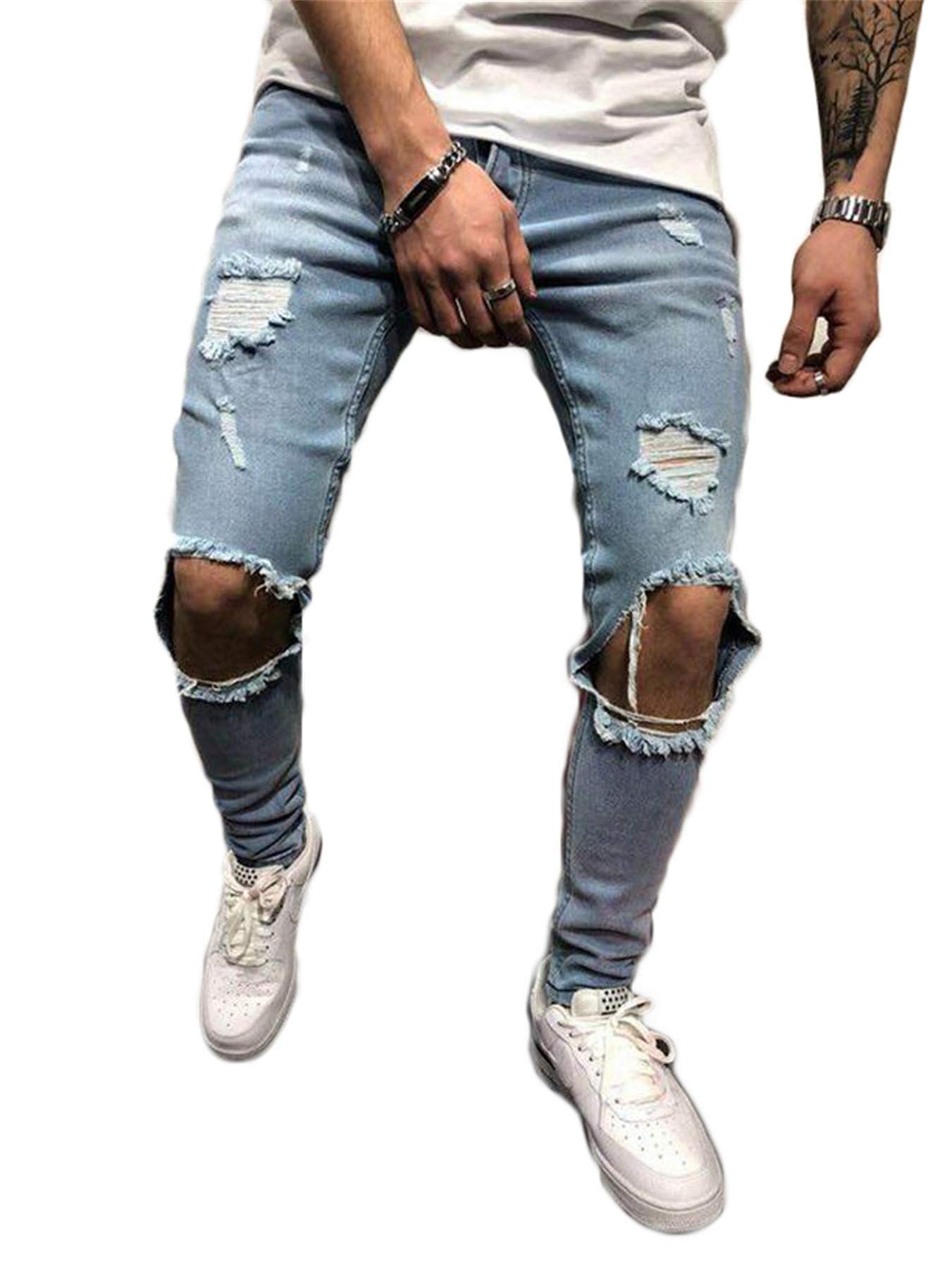 Andongnywell Mens Ripped Stretchy Knee Destroyed Slim Jeans Tapered Leg Denim Pants Zipper Pencil Pant