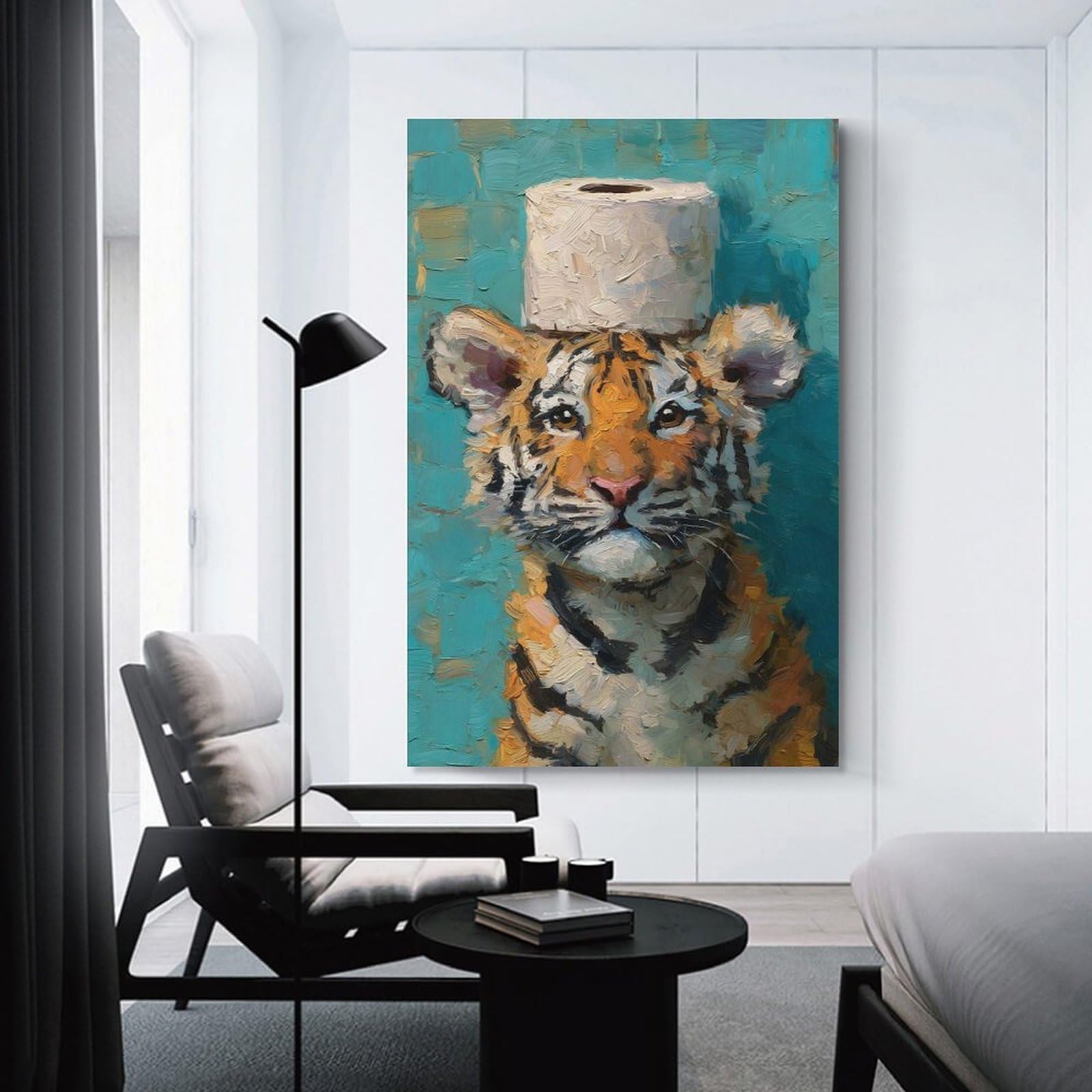 Junmoney Tiger Cub with Toilet Paper Hat Canvas Wall Art, 08x12inch(20x30cm), for Workspace Walls, Study Corners Or Bedrooms, An Interior Accent for Desk Areas