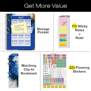 HARDCOVER Academic Year 2026-2027 Planner: 14 Months (May 2026 Through June 2027) 8.5x 11 Daily Weekly Monthly Planner Yearly Agenda. Bookmark, Pocket Folder and Sticky Note Set (Dark Blue Marble)