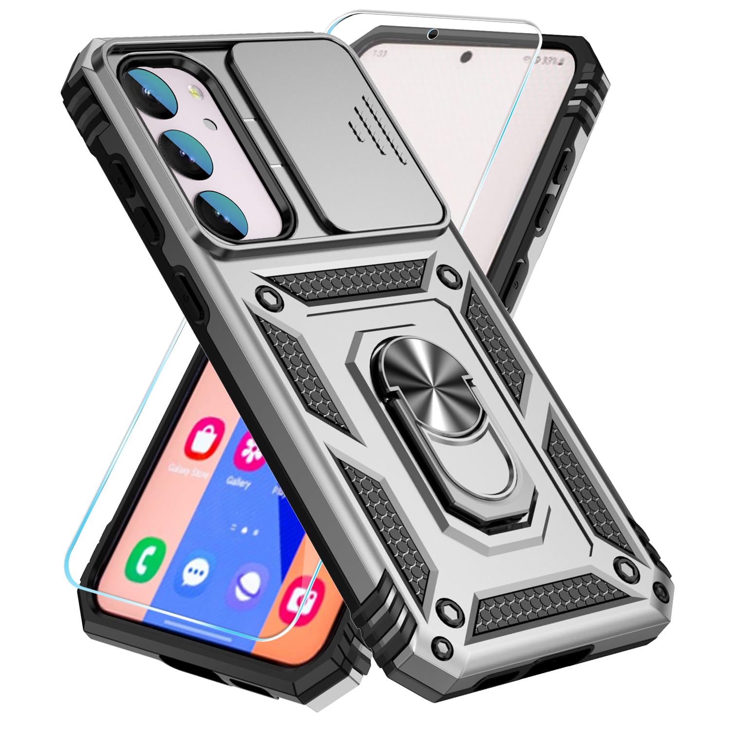 SunStoryPhone Case for Samsung Galaxy S23 FE 5G Case with HD Screen Protector & Slide Camera Cover & Rotated Ring Kickstand, [Military-Grade] Phone Case for Galaxy S23 FE,Silver