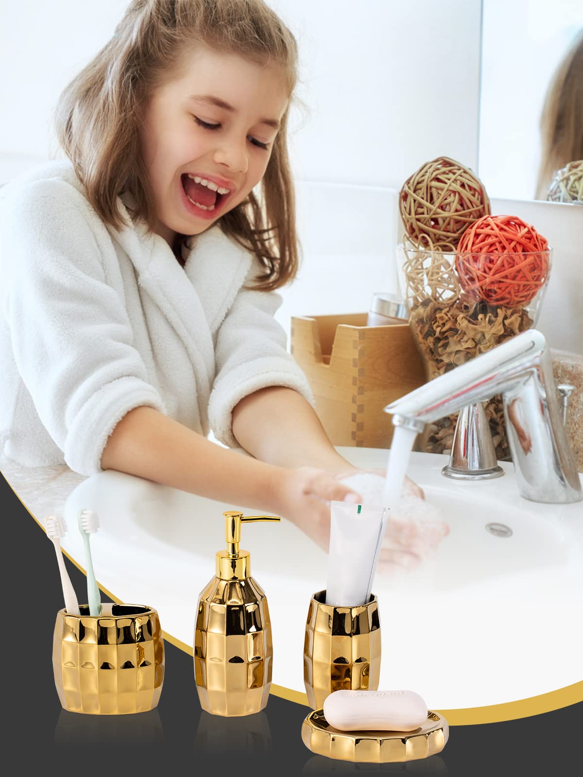 Juego de Accesorios de baño, Juego de Accesorios de baño de cerámica con Mosaico Dorado Que Incluye dispensador de loción, Vaso para Cepillo de Dientes y jabonera