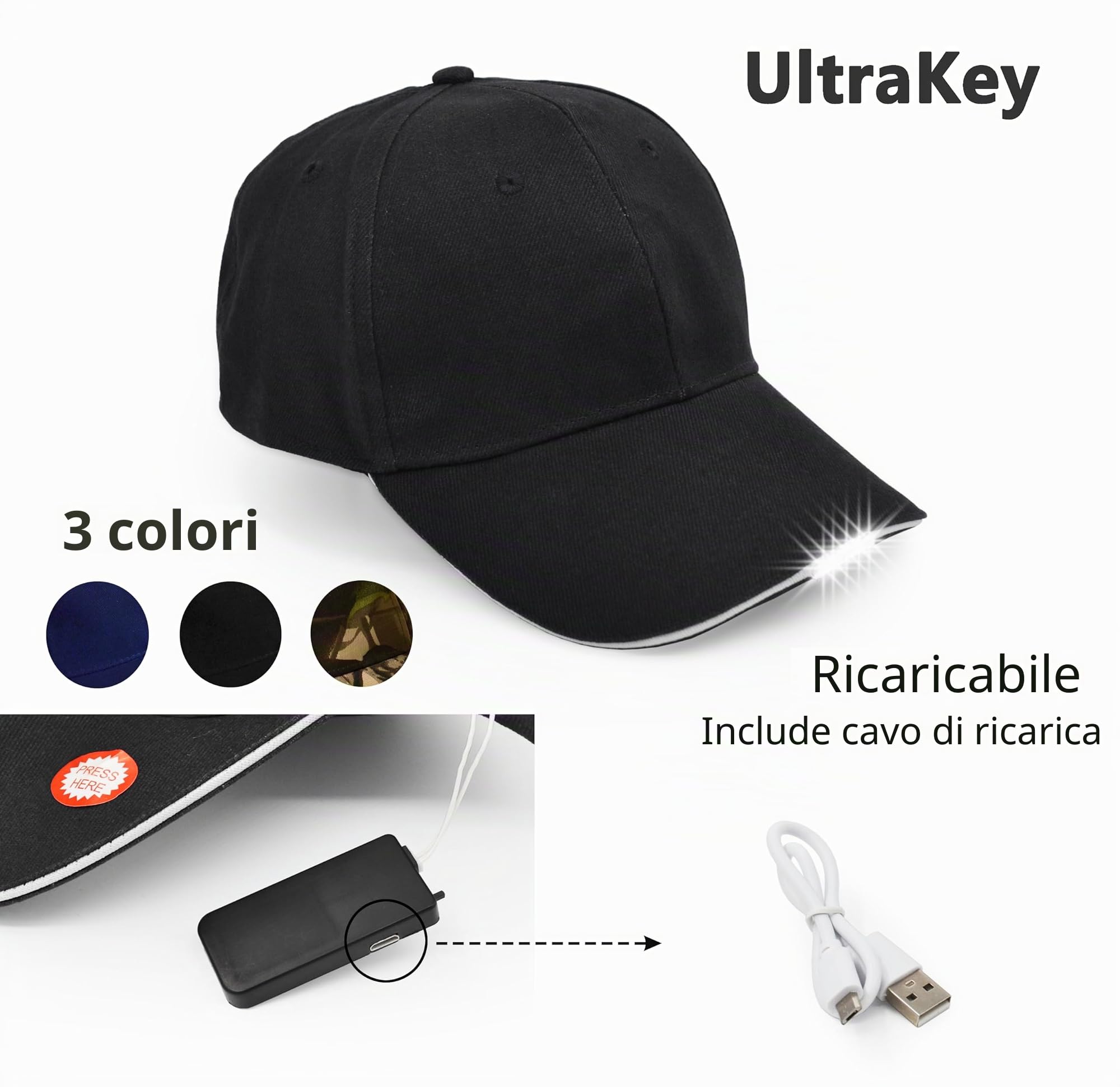 Cappello da Baseball a LED, Cappello, Barretto da Baseball Traspirante a LED Luminoso Adatto per Sport all’Aperto per Uomini e Donne, Sport Notturno, Jogging all’Aperto, Usato per Hip Hop Vacanze ecc