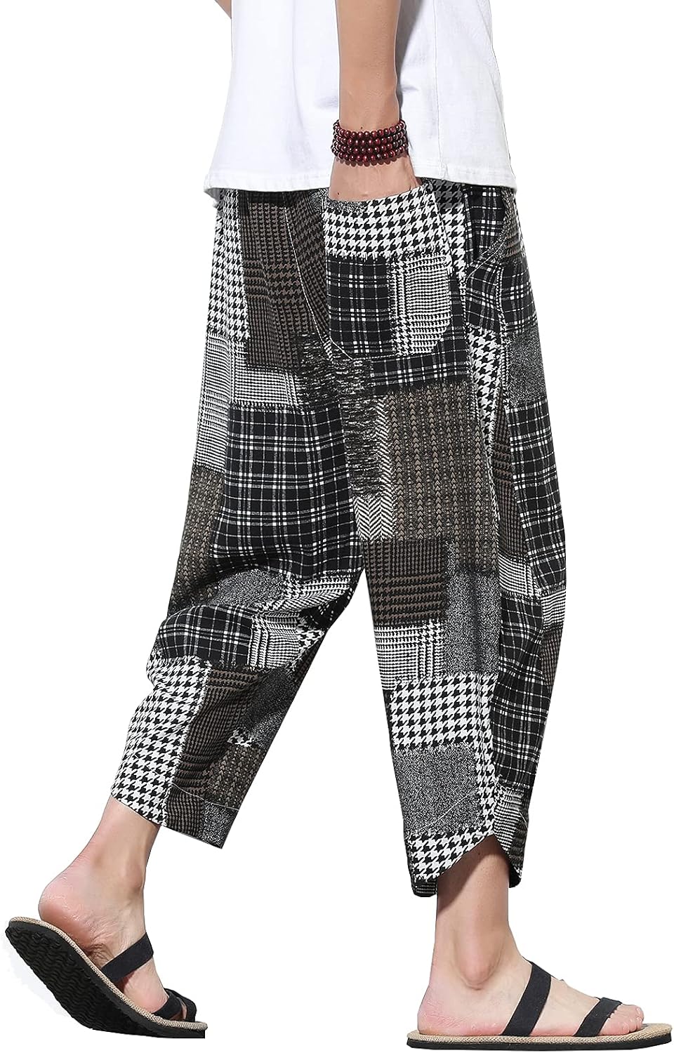 DOSLAVIDA Men's Casual Elastic Waist Linen Capri Pants Wide Leg Baggy Cotton Harem Yoga Trousers Loose Patchwork Short