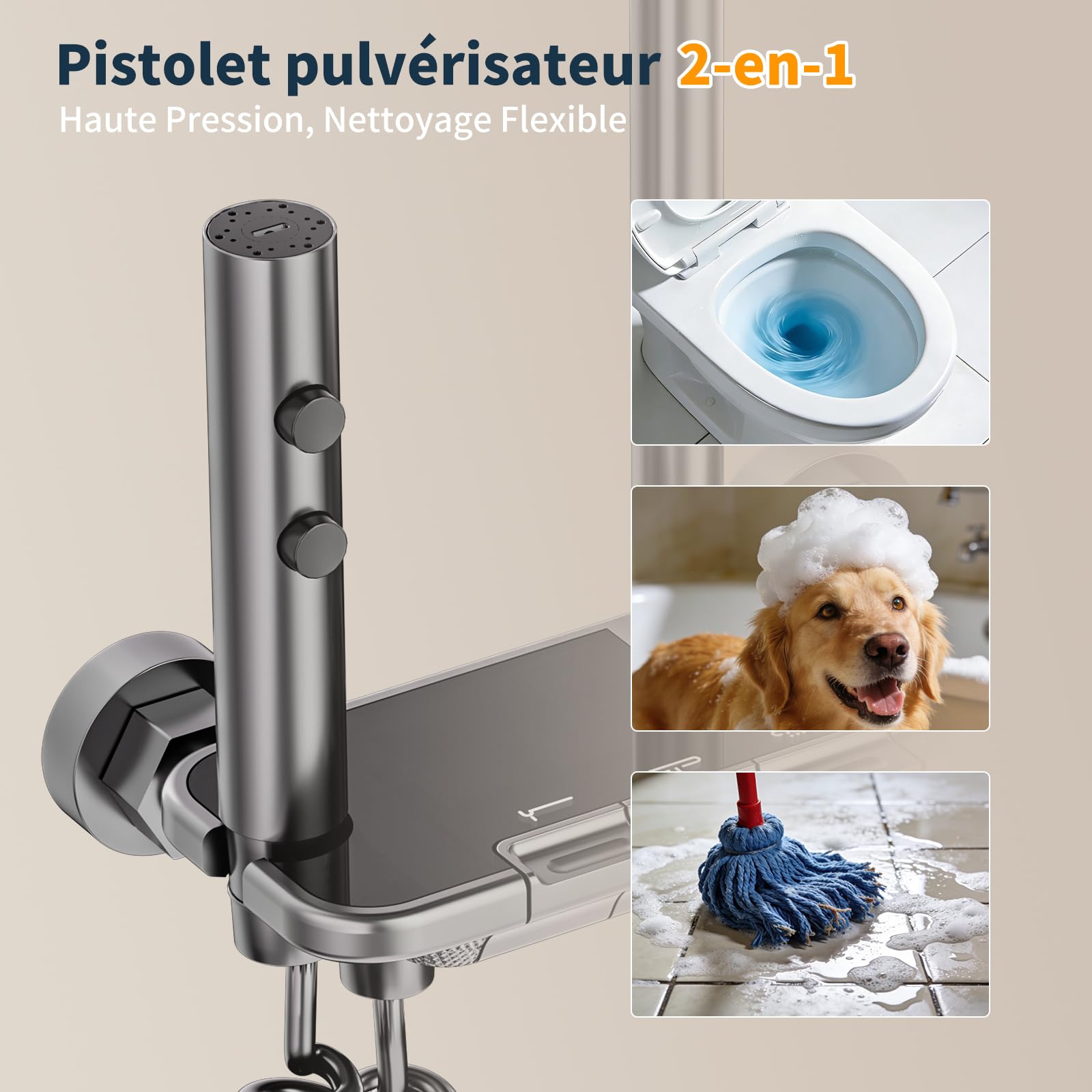 Colonne de Douche Gris Fusil Miroir avec Mitigeur - Touches Piano 4 Fonctions - Système de Douche Moderne avec Tête de Douche XXL Carrée, Douchette 3 Jets - Tube Inox Réglable 950-1350mm