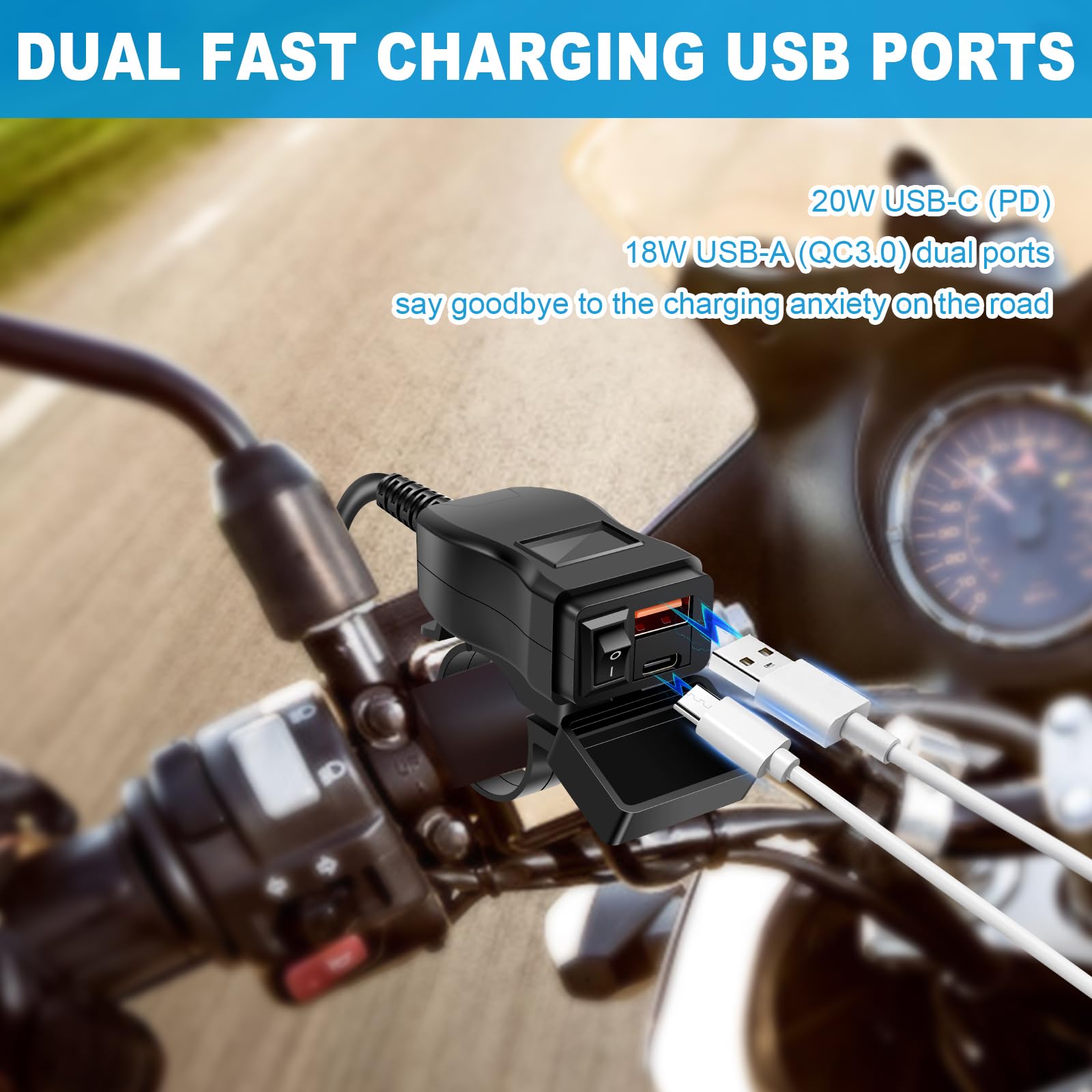 Motorcycle USB Charger, Waterproof SAE to USB Motorcycle Charger, Dual USB Type C PD and 6.8A Quick Charge, 3.0 Motorcycle Phone Charger Handlebar Mount with Voltmeter and ON/Off Switch