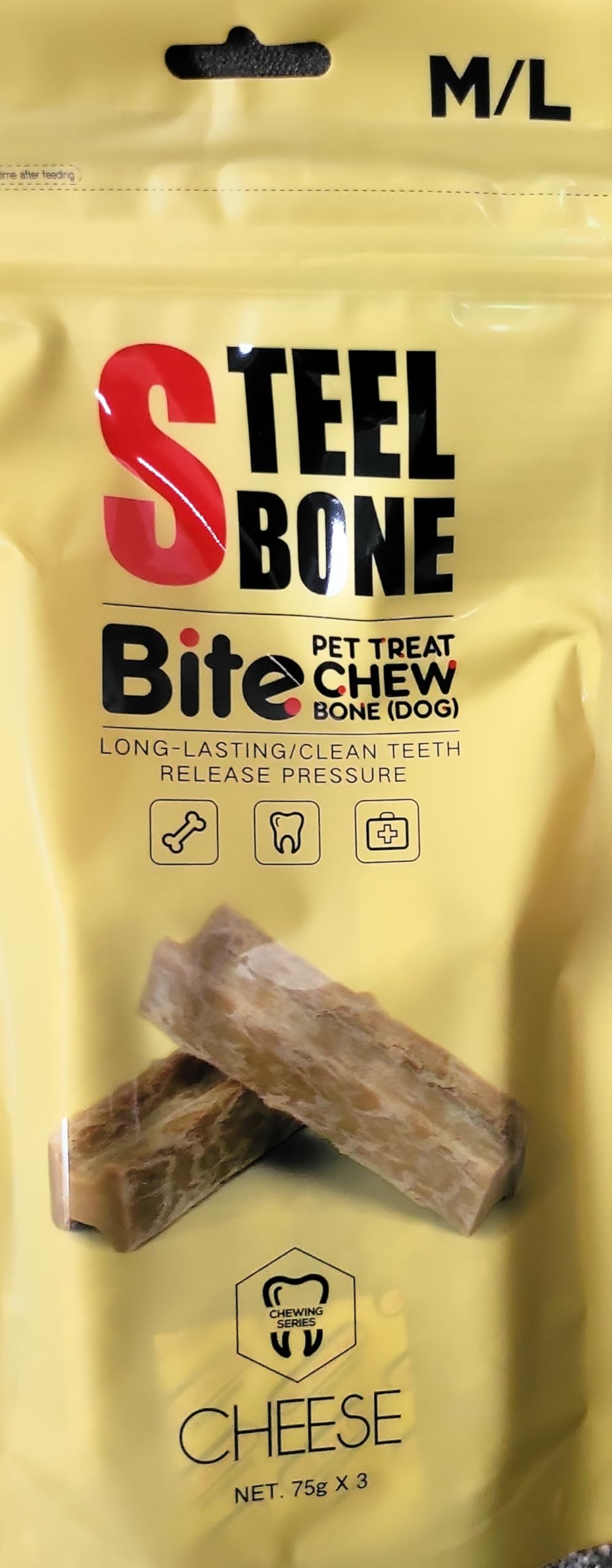 Steel Bone Cheese Flavoured Dog Chew Bone, M/L Size, 75g x 3, Long-lasting Dental Treat