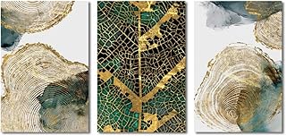 EBONP 3 Pezzi Quadro su Tela Moderna Astratta Verde Foglia di Oro su Tela Art Art Concept Rich Tree Poster e Stampa Foto Parete per Soggiorno Elegante-(20x28x3) inch