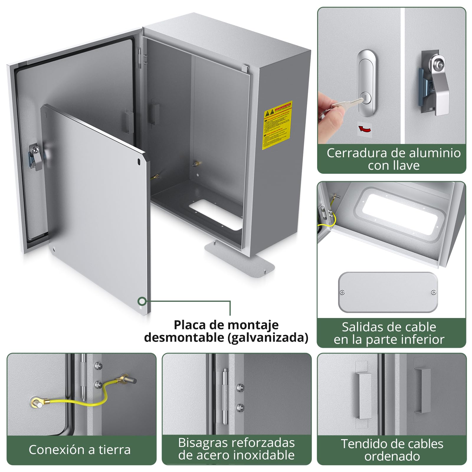 EYPINS Caja Eléctrica Metálica Acero 40x50x20cm con Cerrojo Aluminio IP44 | Caja de Conexiones Resistente a la Abrasión y Corrosión, CE, Placa de Montaje Desmontable, para Interiores y Exteriores