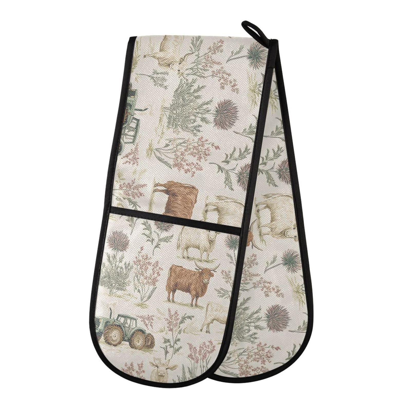 Oven Gloves Double Oven Gloves Truck Highland Cow Flower Heat Oven Mitts Pot Holder Heat Resistant Quilted for BBQ Baking Kitchen Cooking Gloves