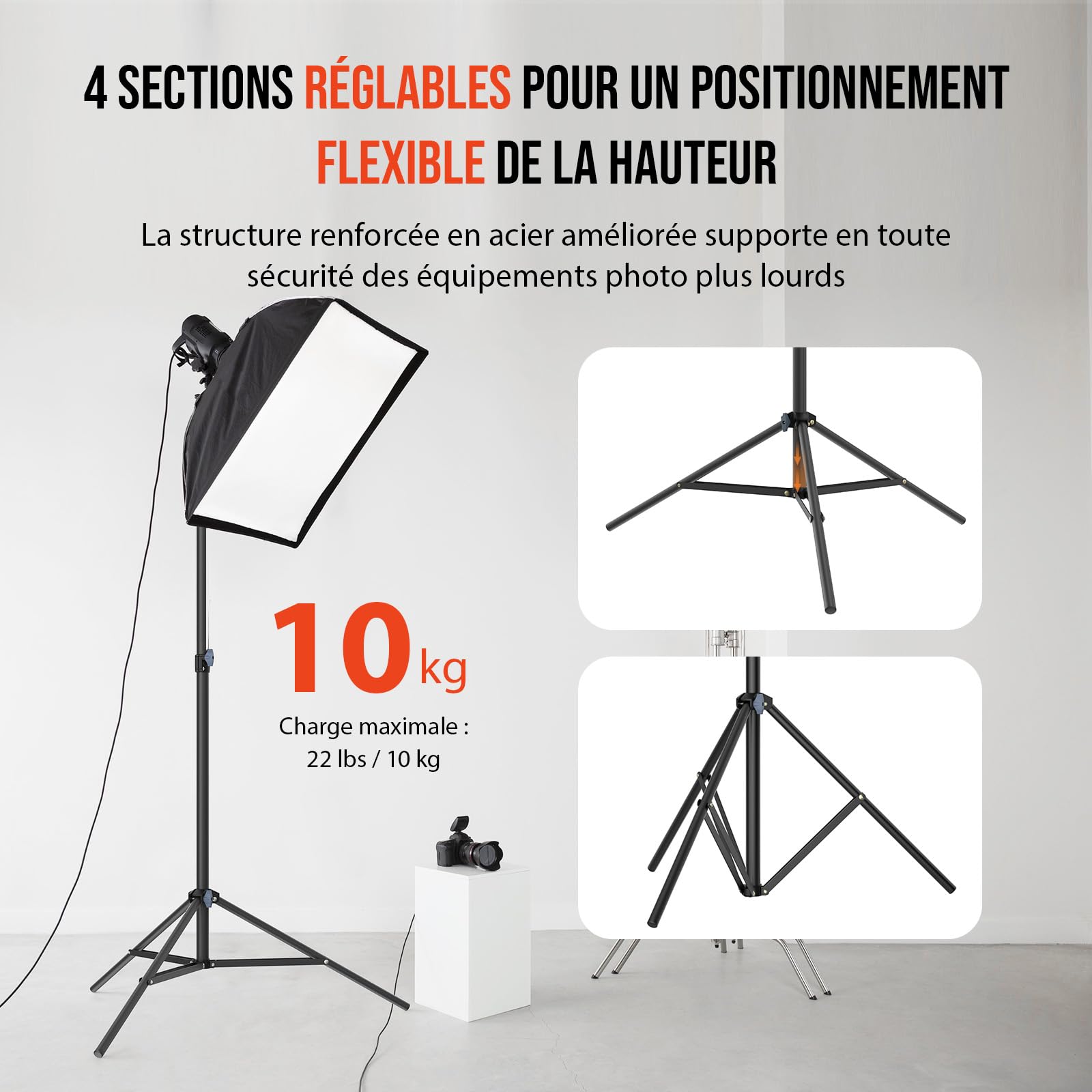 Trépied Lumineux pour Photographie, 118 Pouces / 10 Pieds / 300 cm : Statut de Studio Haute Qualité – Trépied Lourd pour Photo & Vidéo – Inclut Une Vis 1/4" pour Anneau Lumineux, Réflecteurs, Softbox