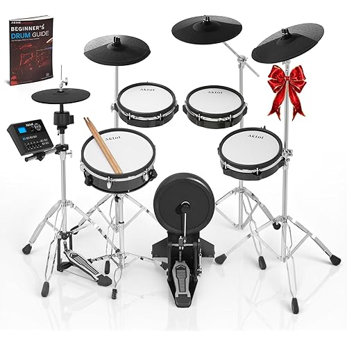 AKLOT Fully-Expandable Electric Drum Set: Independent Stand System, 12" Wooden Snare, Independent Hi-Hat and Triple-Zone Ride Cymbal, Mesh Bass Drum, 475 Sounds, Drum Sticks, Lesson Book (B-CORE546)