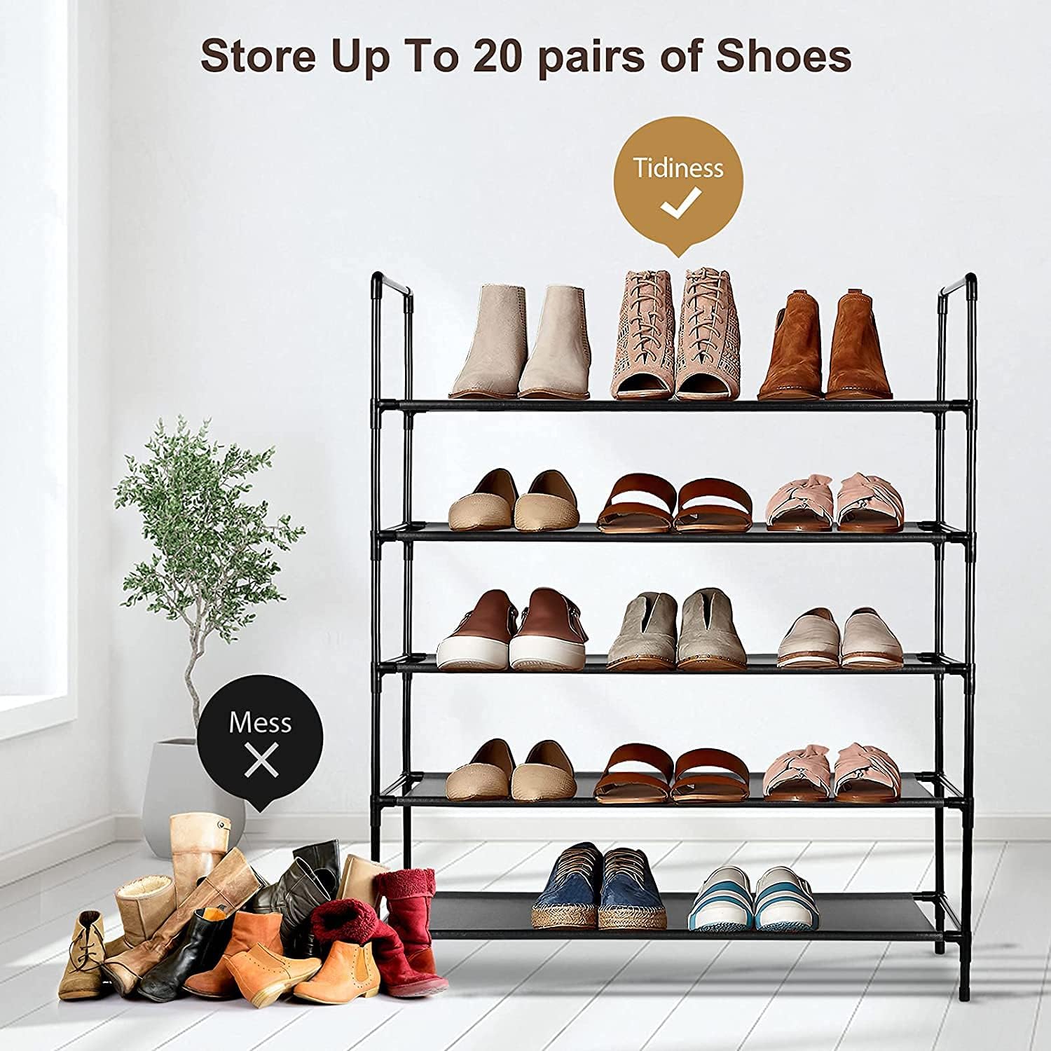 LEHOM Shoe Rack Organizer 5-Tier 20 Pairs, Metal Stackable Shoe Storage Non-Woven Fabric Shoe Shelf for Closet Floor Entryway Bedroom, Black