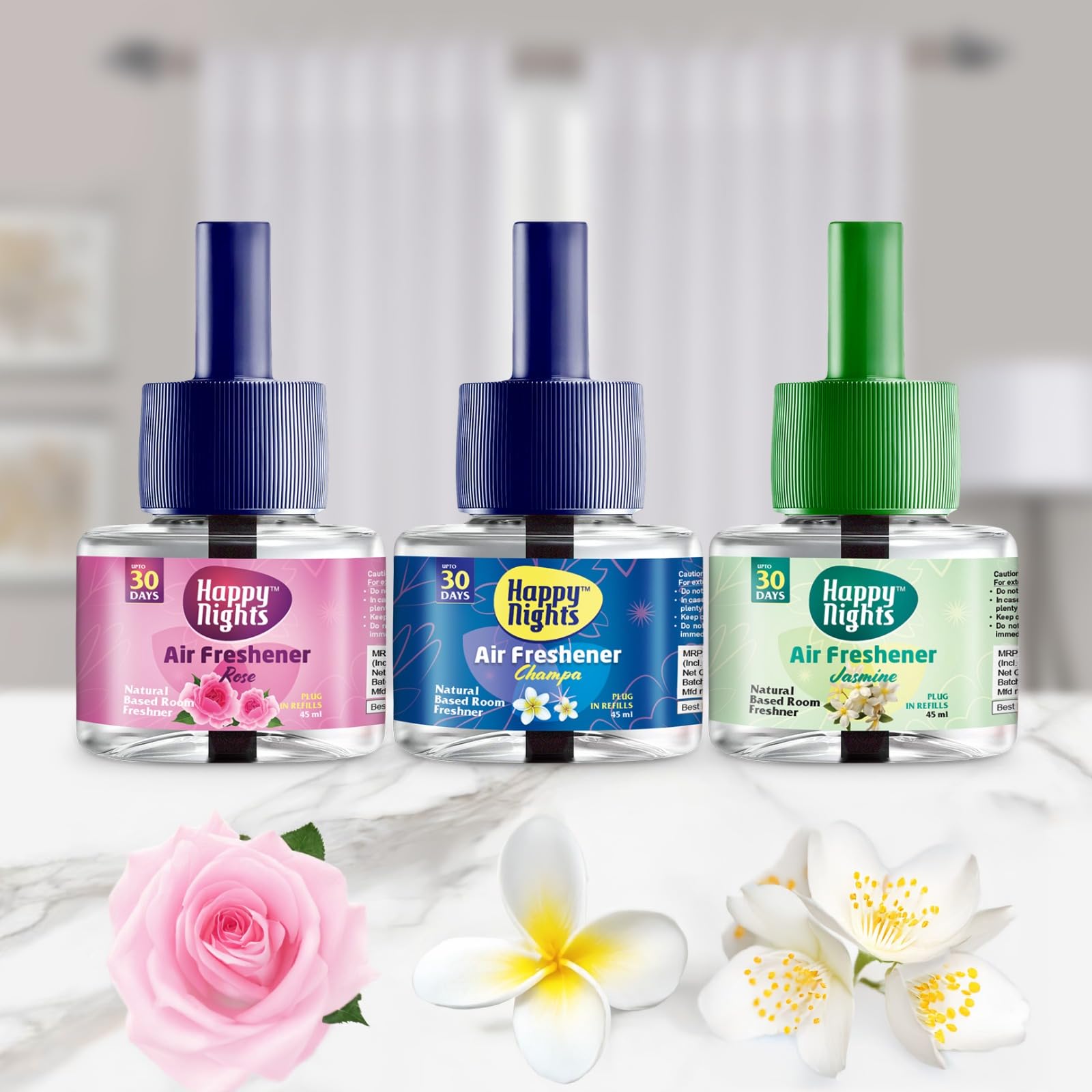 Shadow Securitronics Happy Nights Plug In Room Freshener Kit Combo|Jasmine,Champa & Rose Fragrance|Floral Room Freshener for Home,Office,Bedroom & Bathroom|3 Refills (45ml Each) + 1 Machine,Oil 1