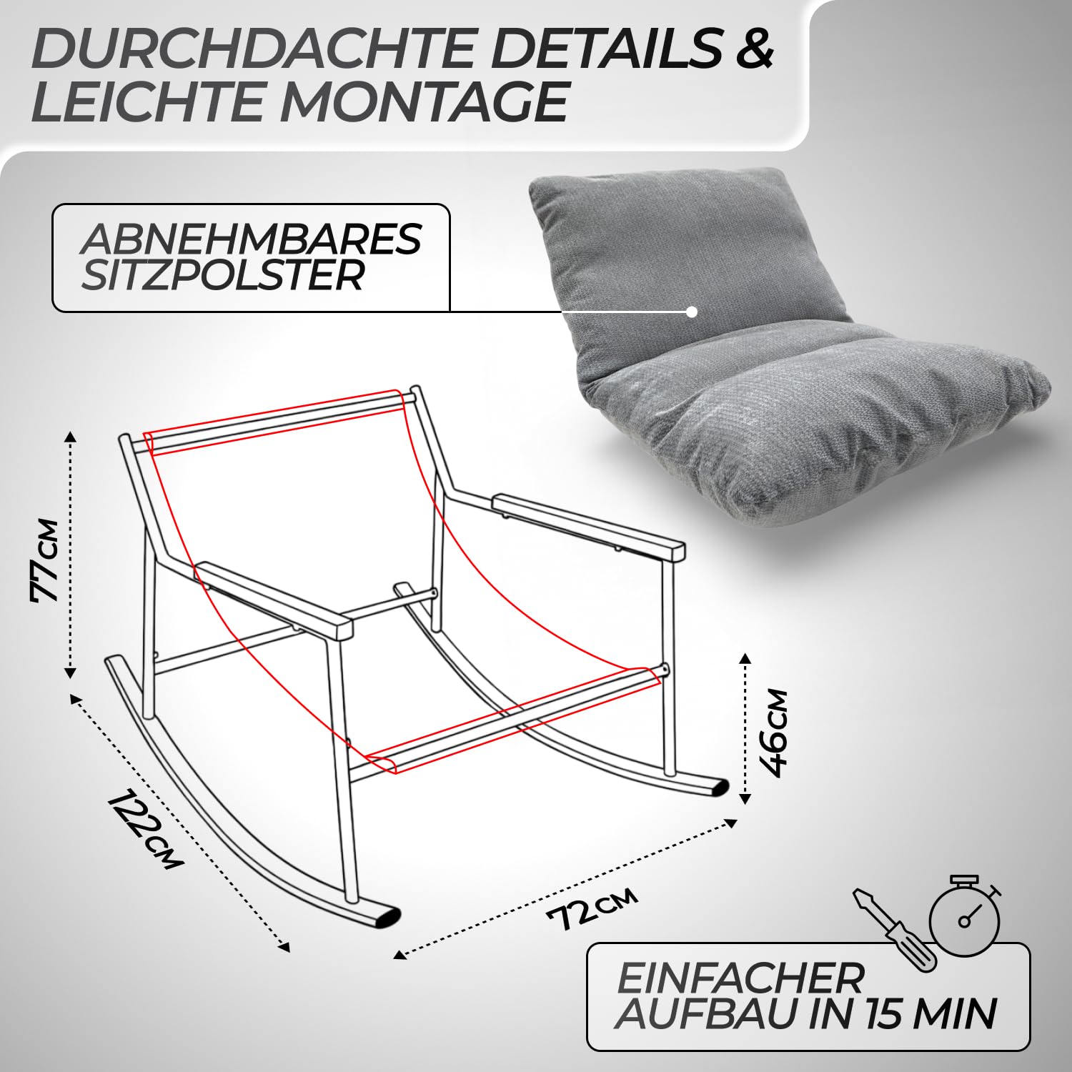 Allyson® Schaukelstuhl & Stillsessel, Cord-Stoff, bis 150 kg, Grau | Geräuschloses Wippen ohne Knarren, hohe Armlehnen entlasten beim Stillen, Schutzstreifen schonen Boden & dämpfen Geräusche
