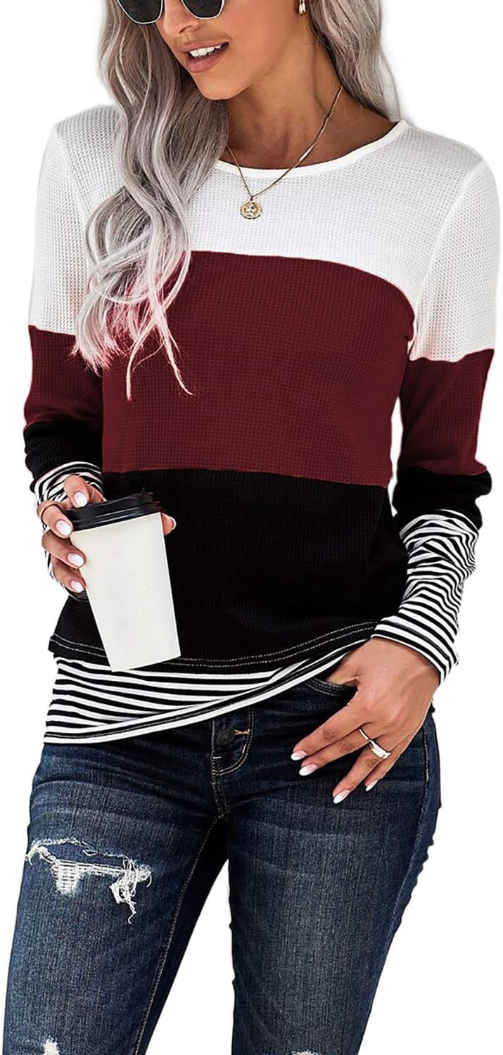 KINGFENWomens Long Sleeve Color Block Tops Striped Casual Crewneck T Shirts Waffle Knit Sweaters