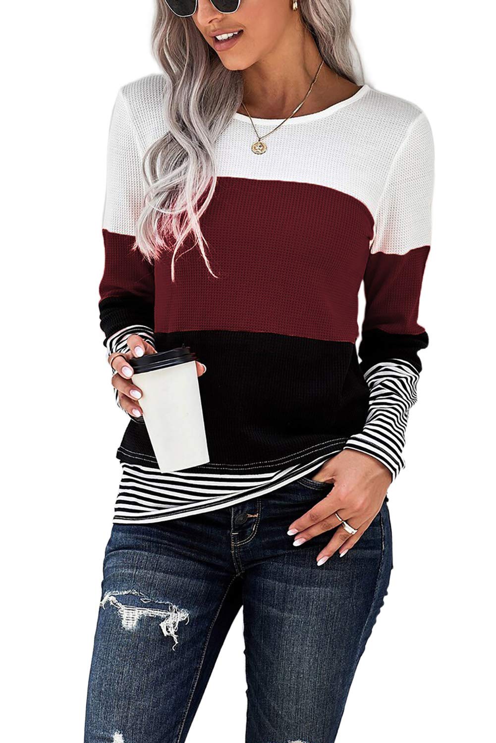KINGFENWomens Long Sleeve Color Block Tops Striped Casual Crewneck T Shirts Waffle Knit Sweaters