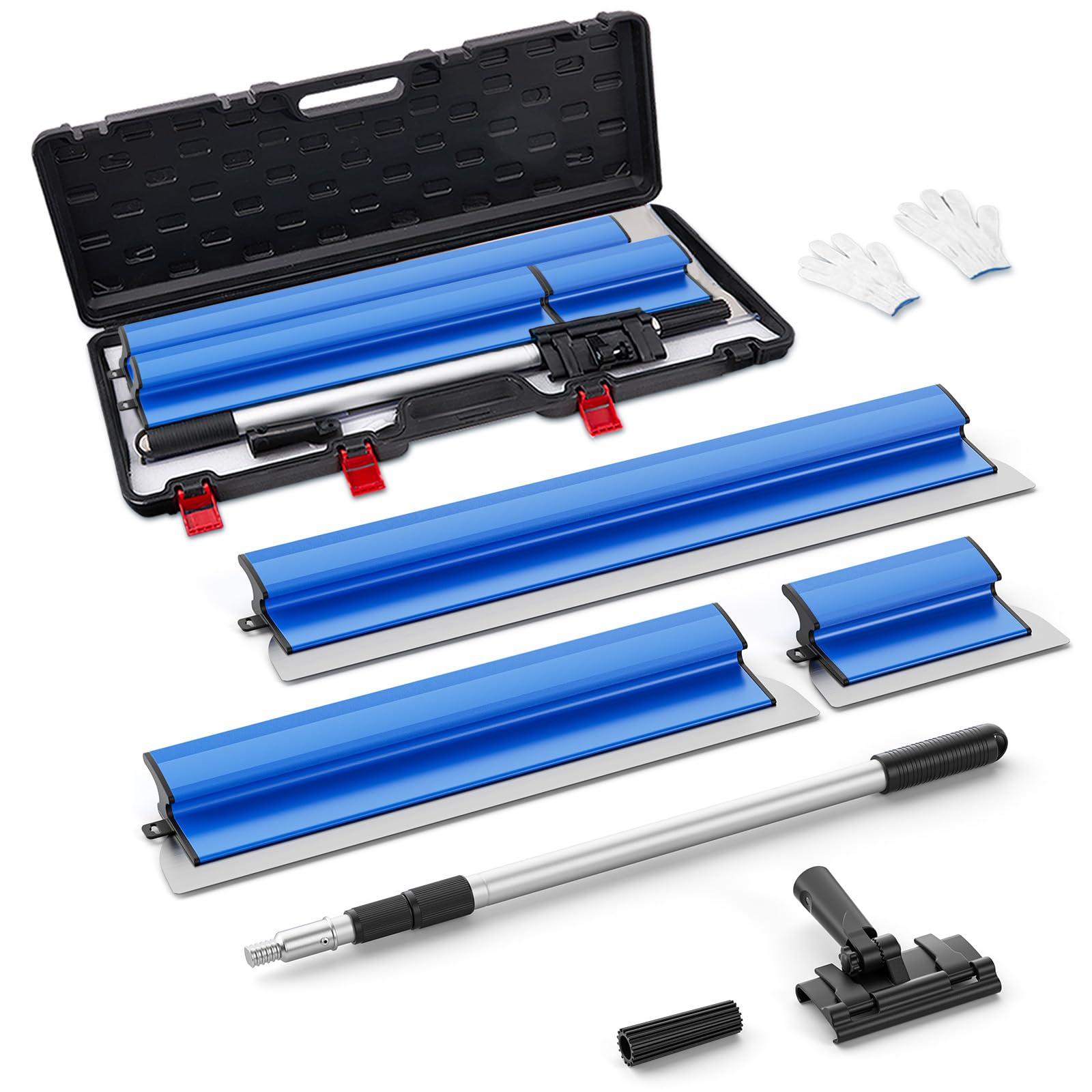 Juego de espátulas de superficie 25 cm, 60 cm y 80 cm, mango de extensión de 76 cm a 160 cm, cuchillo de construcción de acero inoxidable (Conjunto azul)