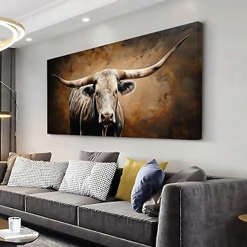 ZESTRILIA Brown Rustic Longhorn Bull Wall Art Modern Canvas Painting Prints Artwork Office Hallway Bedroom Living Room Decor 40x20 Inches